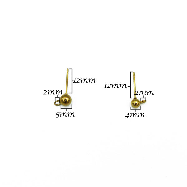 Stainless steel earring post ball stud with loop in various sizes - Gold