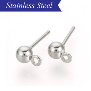 Stainless steel earring post ball stud with loop in various sizes - Silver