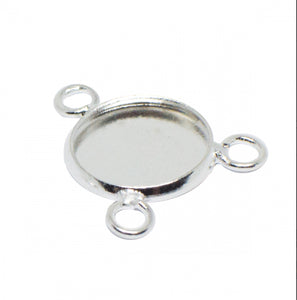 12mm Round Pendant Triple Hook Connector Settings - Silver tone