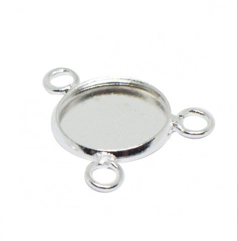 12mm Round Pendant Triple Hook Connector Settings - Silver tone