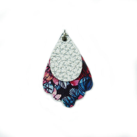 PU Leather - Scalopped bright blue and pink print with metallic teardrop layered peandant