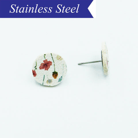 PU leather round hanging floral print stud with stainless steel post (x10)